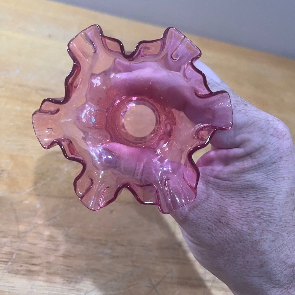 Vtg Fenton Pink Glass Melon Bud Vase Ruffled Rim Art Glass Mid Century 5.5" - Picture 4 of 7